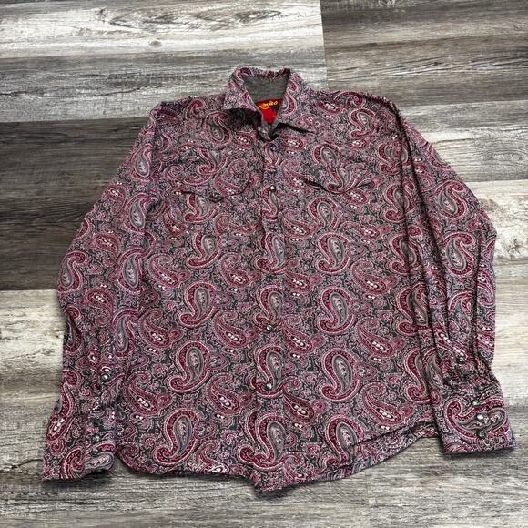 Rodeo Burgundy Red Mens M Paisley Pearl Snap Button Up Shirt Long Sleeve Disco - Picture 1 of 8